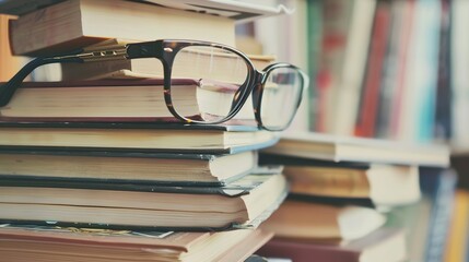 Book fair, close-up of stacked books and reading glasses, literary adventure 