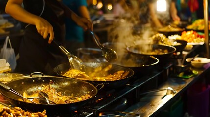 Naklejka premium Night market food stall, close-up of sizzling dishes and chefâ€™s flair, street eats