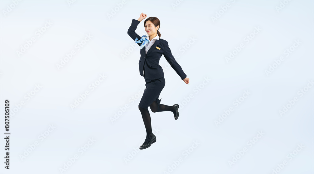 Aufkleber ジャンプする接客業の女性の全身写真（切り抜き背景透過pngも販売しております。作成者リンクから「png」で検索してください）