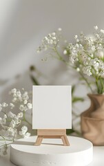 blank card mockup, square shaped with a wooden stand on a white table and white flowers in the background