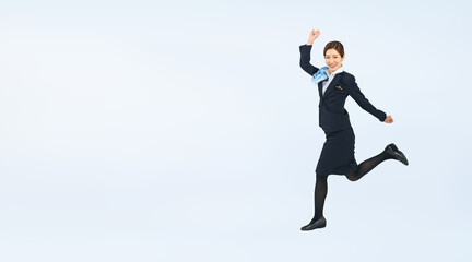 ジャンプする接客業の女性の全身写真（切り抜き背景透過PNGも販売しております。作成者リンクから「PNG」で検索してください）