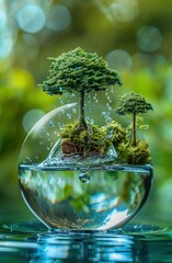 A drop of water forms the shape of an earth with green trees inside.