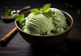Delicious green mint ice cream in a bowl
