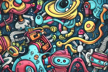 Cartoon cute doodles of a dreamscape inhabited by sentient robots and futuristic technology, blurring the lines between reality and virtual reality, Generative AI