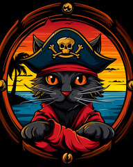 A black cat wearing a pirate costume and a red bandana