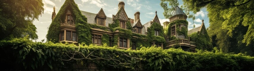 Enchanting overgrown gothic manor house in forest