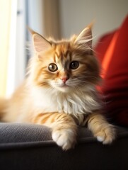 Adorable fluffy cat sitting on couch