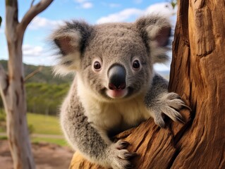 Cute koala bear peeking out from tree trunk