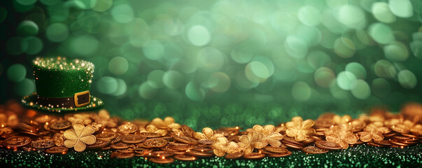 A green background with a green hat and gold coins