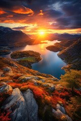 Breathtaking sunset over a serene fjord landscape