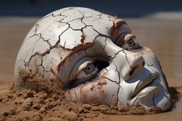 Cracked and weathered ceramic mask in the sand