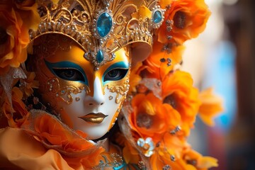 Ornate venetian carnival mask with vibrant orange feathers