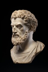 Detailed sculpture of a pensive man with curly hair and beard