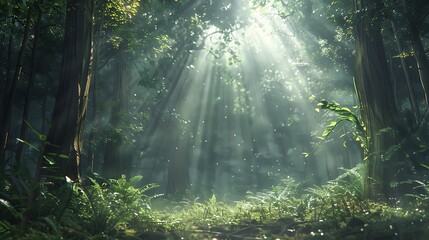 A dense forest with sunlight streaming through the canopy, illuminating the forest floor, a...