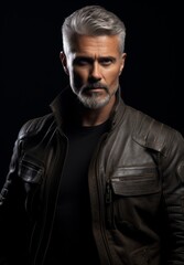 Obraz premium Serious mature man with gray hair and beard wearing leather jacket