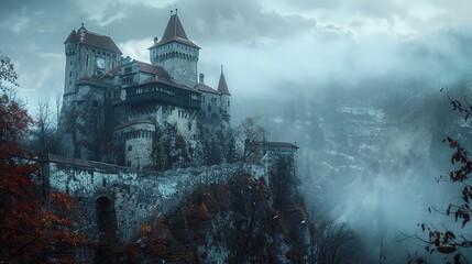 Castle in the mountains in the fog