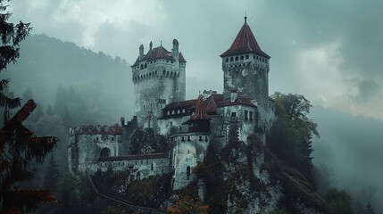 Castle in the mountains in the fog