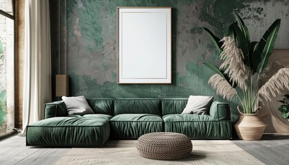 A Classic boho sofa interior is adorned with a Mockup poster frame, enhancing the chic look, 3D render sharpen