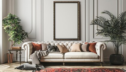 A Classic boho sofa interior is adorned with a Mockup poster frame, enhancing the chic look, 3D render sharpen