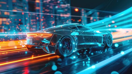 3D rendering of an electric car with a holographic wireframe overlay, against a futuristic cityscape background.