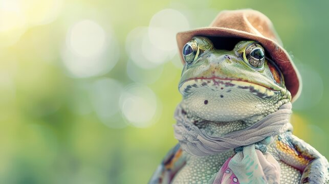 A closeup halfbody of a charismatic amphibian sporting a hipster hat and scarf, displayed against a soft green, colorful strange bizarre sharpen blur background with copy space