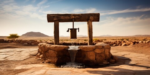 Wooden well in desert landscape