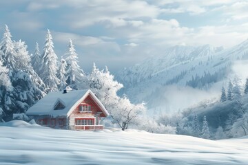 A cozy house among a snowscape provides a perfect winter getaway, Sharpen banner template with copy space on center