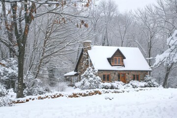 A cozy house among a snowscape provides a perfect winter getaway, Sharpen banner template with copy space on center