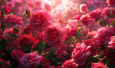A lush image showcasing an array of blooming roses in vibrant red and pink hues. Generate AI