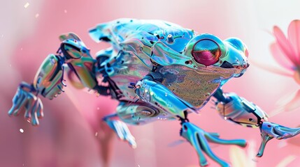 A cybernetic amphibian with metallic skin leaps gracefully