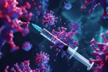 A dynamic 3D animation showcasing a syringe delivering a powerful virus vaccine highlights cuttingedge pharmaceutical research, Sharpen banner template with copy space on center