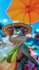 A Chameleon in human clothes lies on a sunbathe on the beach, on a sun lounger, under a bright sun umbrella