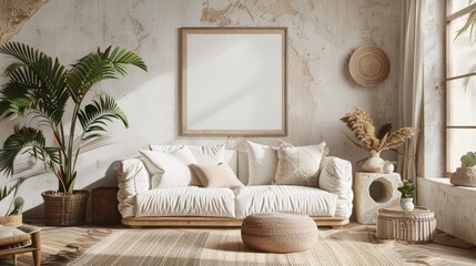 A Mockup frame in a nomadic boho interior brings out the eclectic vibes, 3D render sharpen