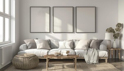 A Mockup poster frame in a farmhouse living room adds a touch of rustic elegance, 3D render sharpen
