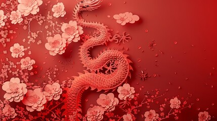 Obraz premium A mystical dragon coils amid cherry blossoms against a dramatic red backdrop