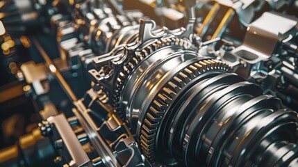Obraz premium A section of a transmission gearbox showcases the intricate transmission mechanism with cogwheels, Ai Generated