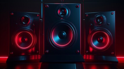 Sound speakers on a dark background with neon lights create a visually captivating setup for...