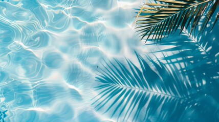 Top view of tropical leaf shadow on pool water surface. Beautiful abstract background concept banner.
