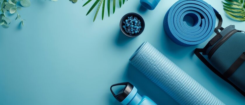 Creative flat lay template of fitness gear including yoga mat and water bottle, promoting health routines, with solid background and copy space on center
