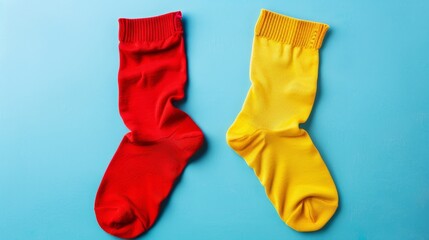 A pair of mismatched socks against a light blue background, representing Odd Socks Day, Ai Generated