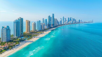 beautiful aerial  coastal cities featuring tall buildings, a sandy beach, and a clear blue sky