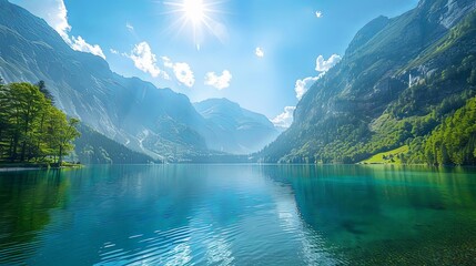 best nature photos for your desktop background a serene mountain landscape with lush green trees, calm blue waters, and a clear blue sky with a single white cloud