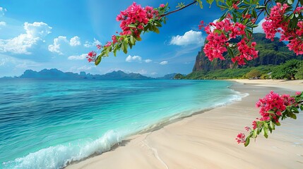 best nature photos for your desktop background a serene blue sky and water with white clouds, framed by a vibrant red and pink flower