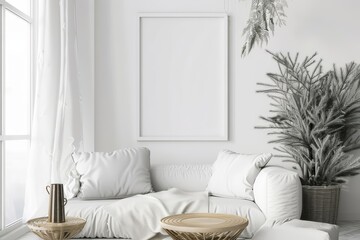 Decor in a cozy white interior showcases a Mockup frame, blending seamlessly with the surroundings, 3D render sharpen
