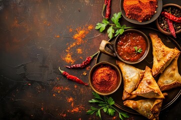 Discover the spicy and savory flavors of Indian street food, with solid background and copy space on center for advertise