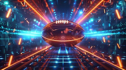 Dive into the digital world with our futuristic rugby ball surrounded by neon lights in a digital arena, Sharpen banner with space for text - Powered by Adobe