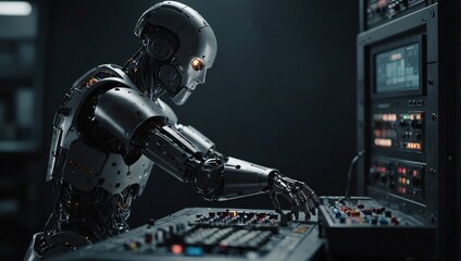 A robot working on a device that appears to be a control unit