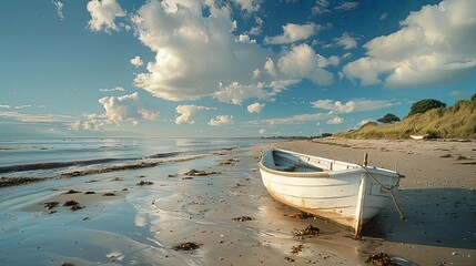 captivating coastal views featuring a white boat anchored on a sandy beach, framed by a lush green tree and a clear blue sky dotted with fluffy white clouds
