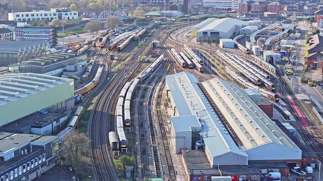 A train station and depot shot from above in Derby, UK