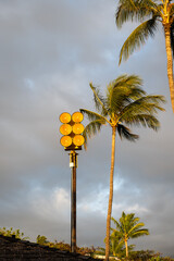 Bright yellow tsunami sirens and palm trees against a cloudy sky at sunset, pacific ocean tidal wave warning system on Maui, Hawaii
